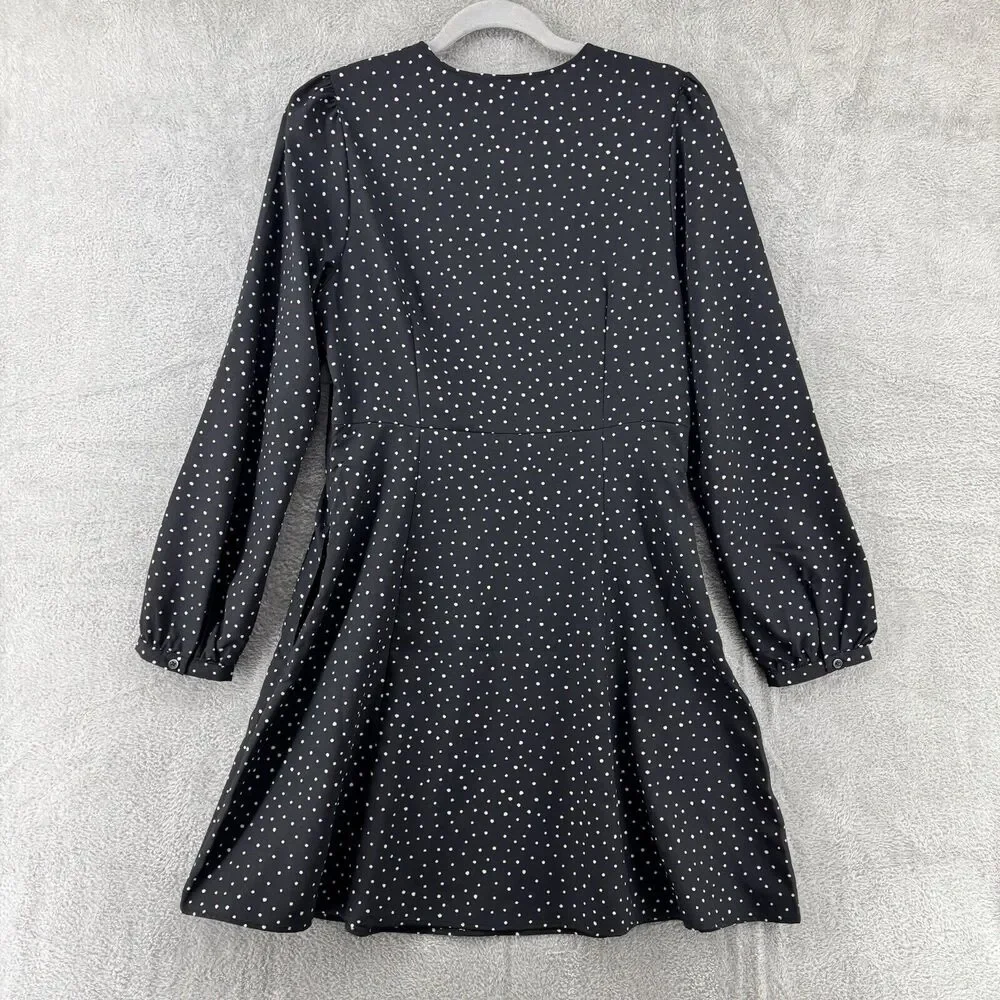 Uniqlo Dress M Black Polka Dots Babydoll V-Neck Ballon Sleeve Knee Length Pocket